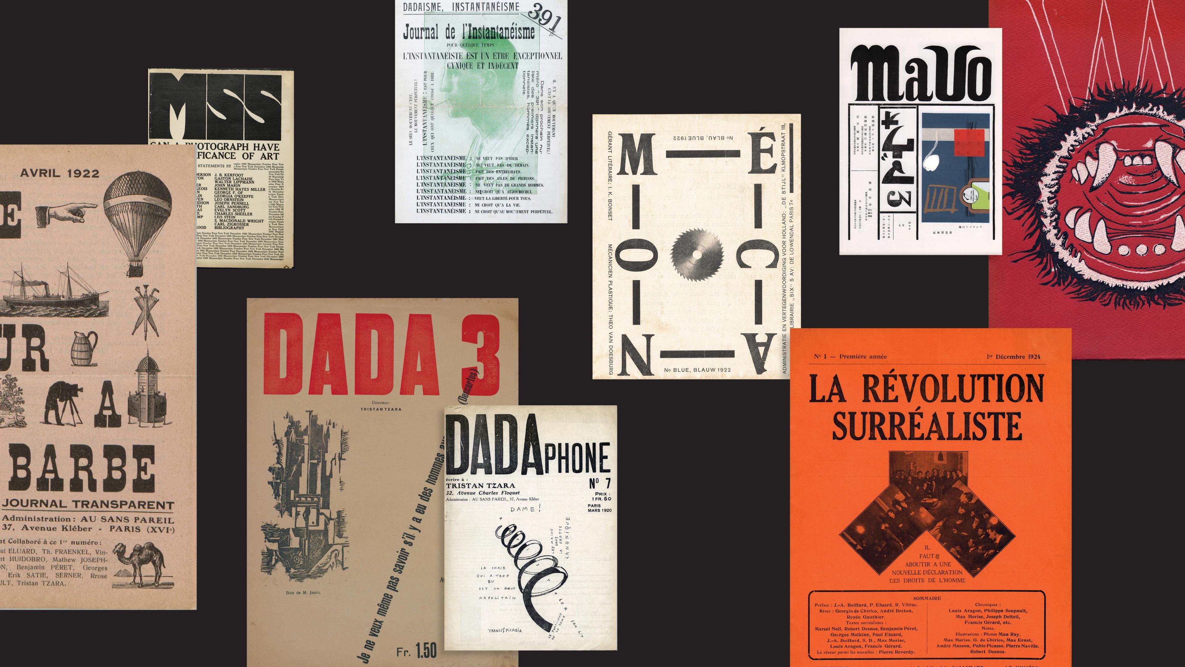 A collage of historical Dada and Surrealist magazine covers from the early 20th century featuring eclectic designs, typography, and illustrations on a black background.