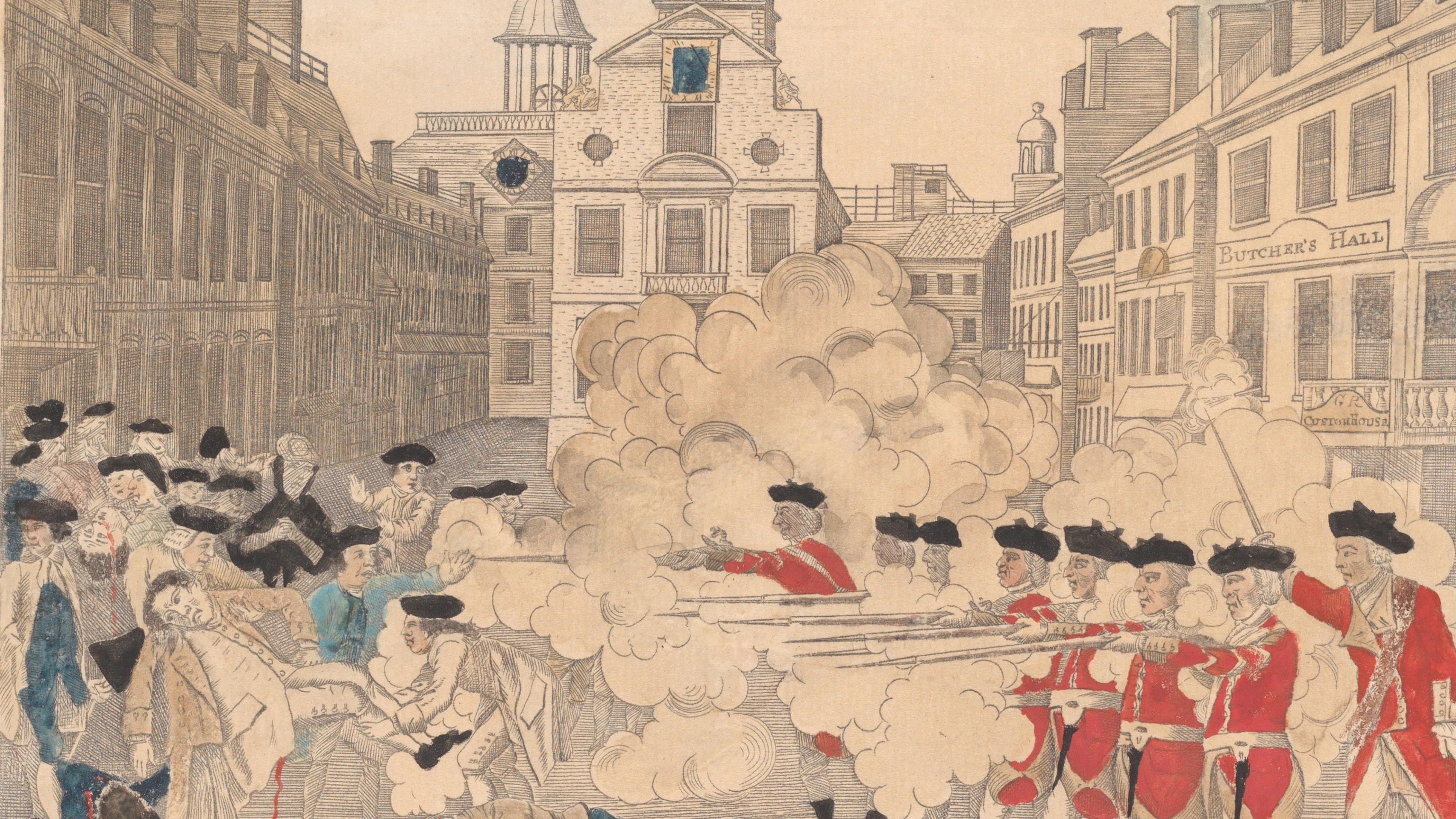 Illustration of active battle between two sides. One side in red and the other in blue. Guns drawns and wounded bodies.