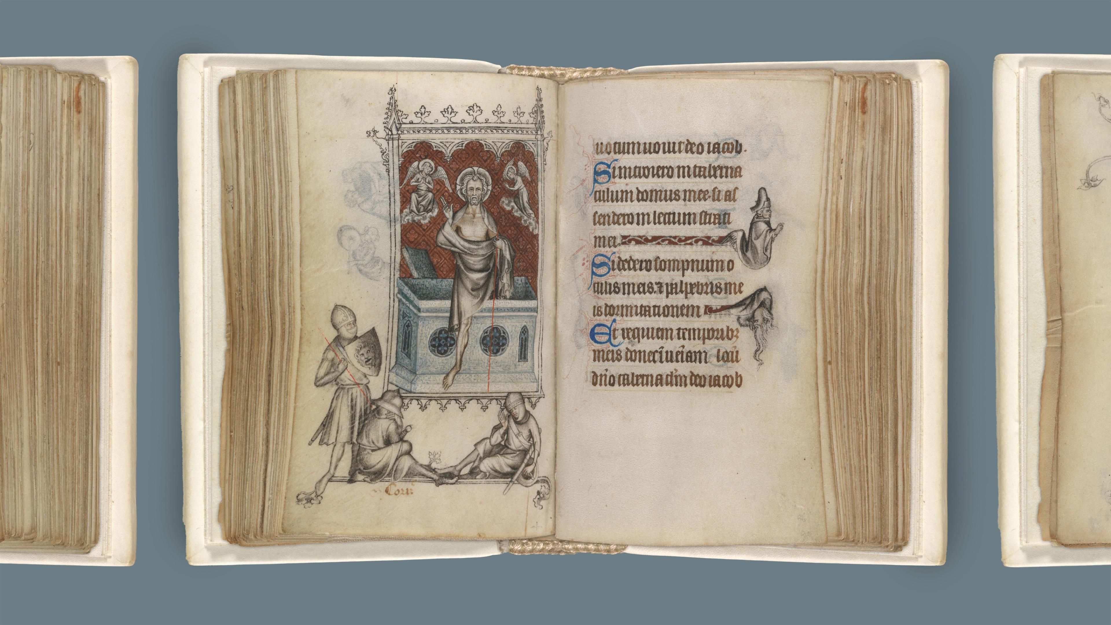 An open medieval manuscript featuring illustrated scenes of biblical figures on the left page and ornate lettering on aged parchment on the right page.