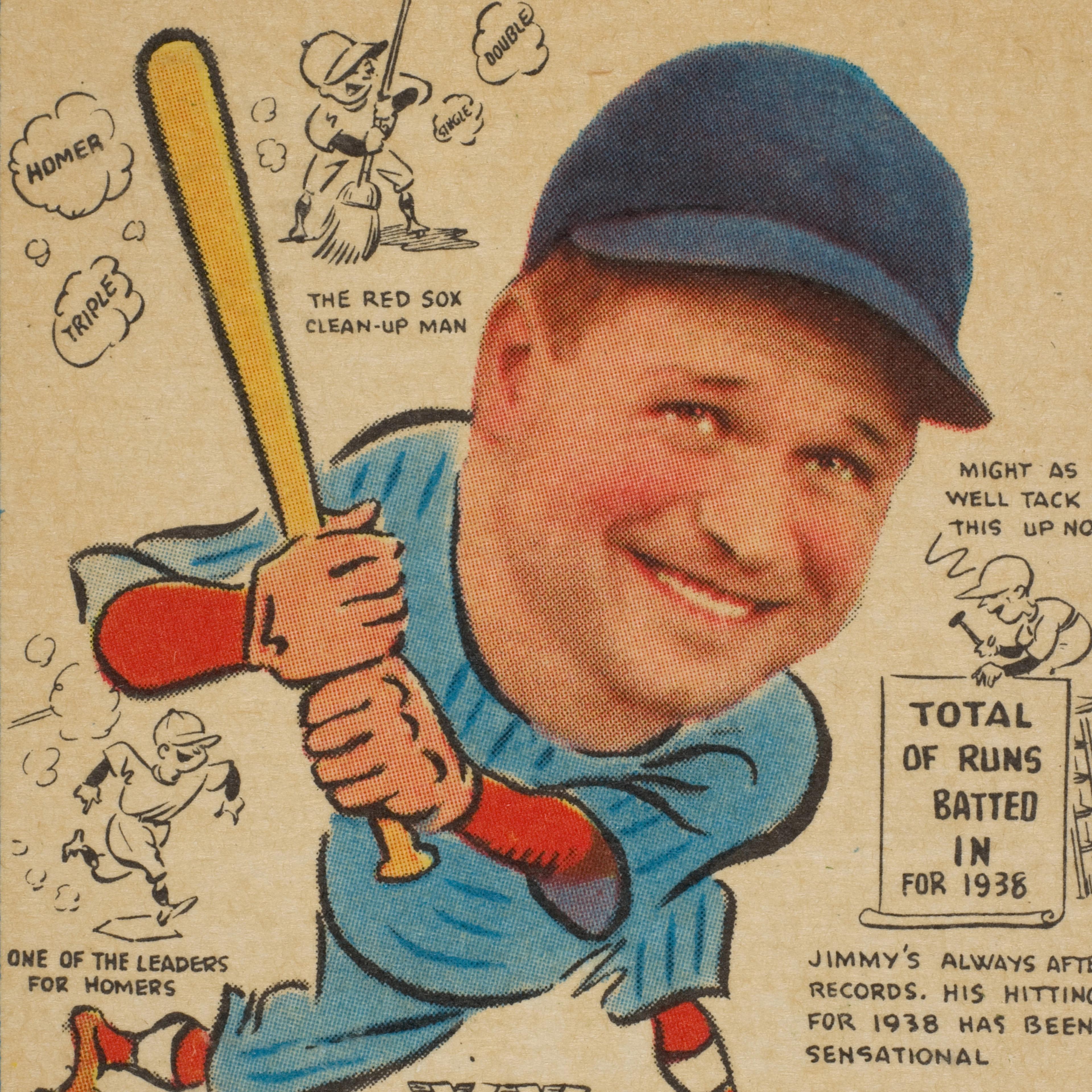 Vintage baseball card featuring a caricature of a smiling player in a blue uniform and cap, holding a bat. Cartoon figures and text praise his hitting.