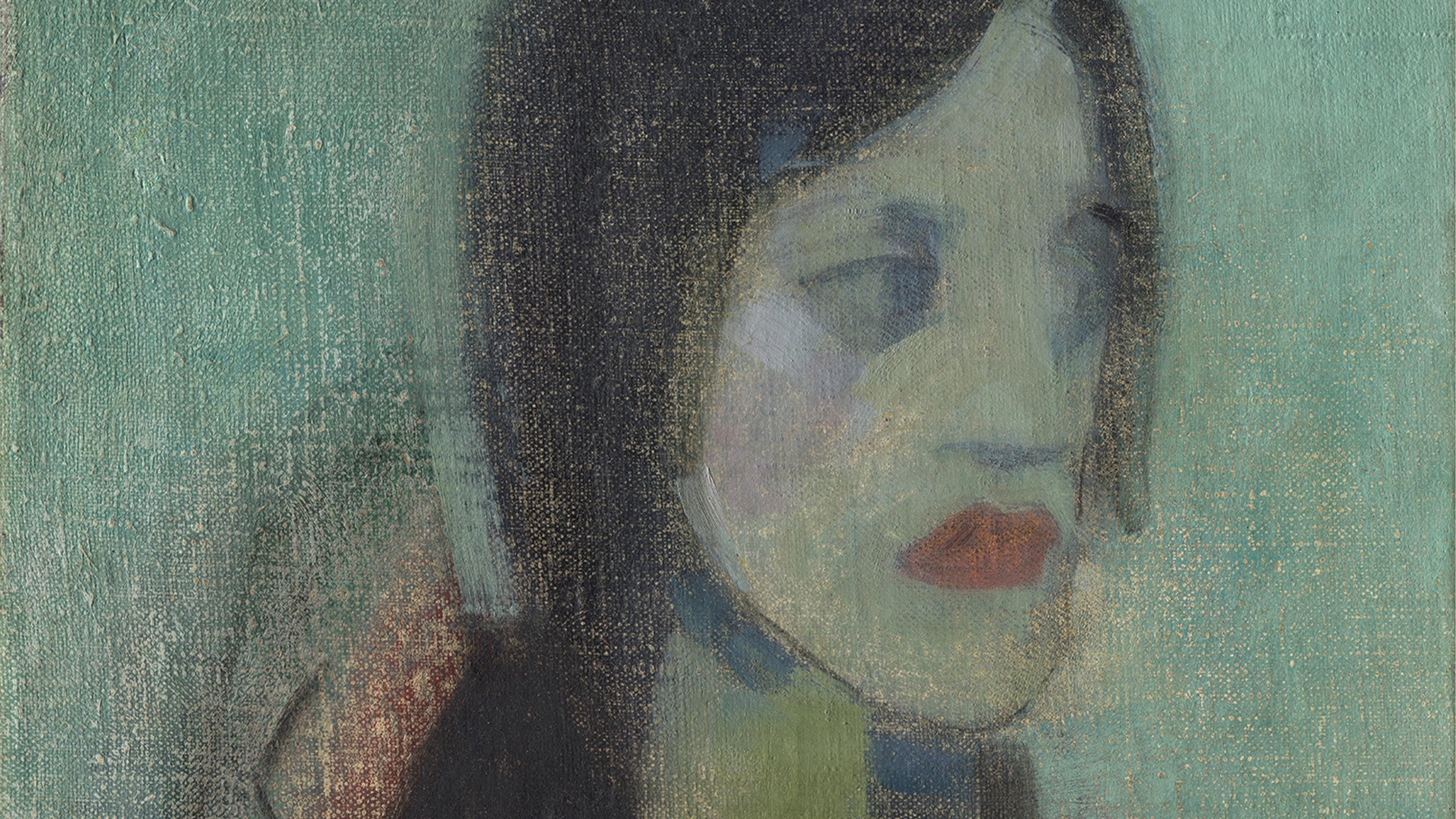 A close-up detail of a painted face rendered in muted green, blue, and gray tones.
