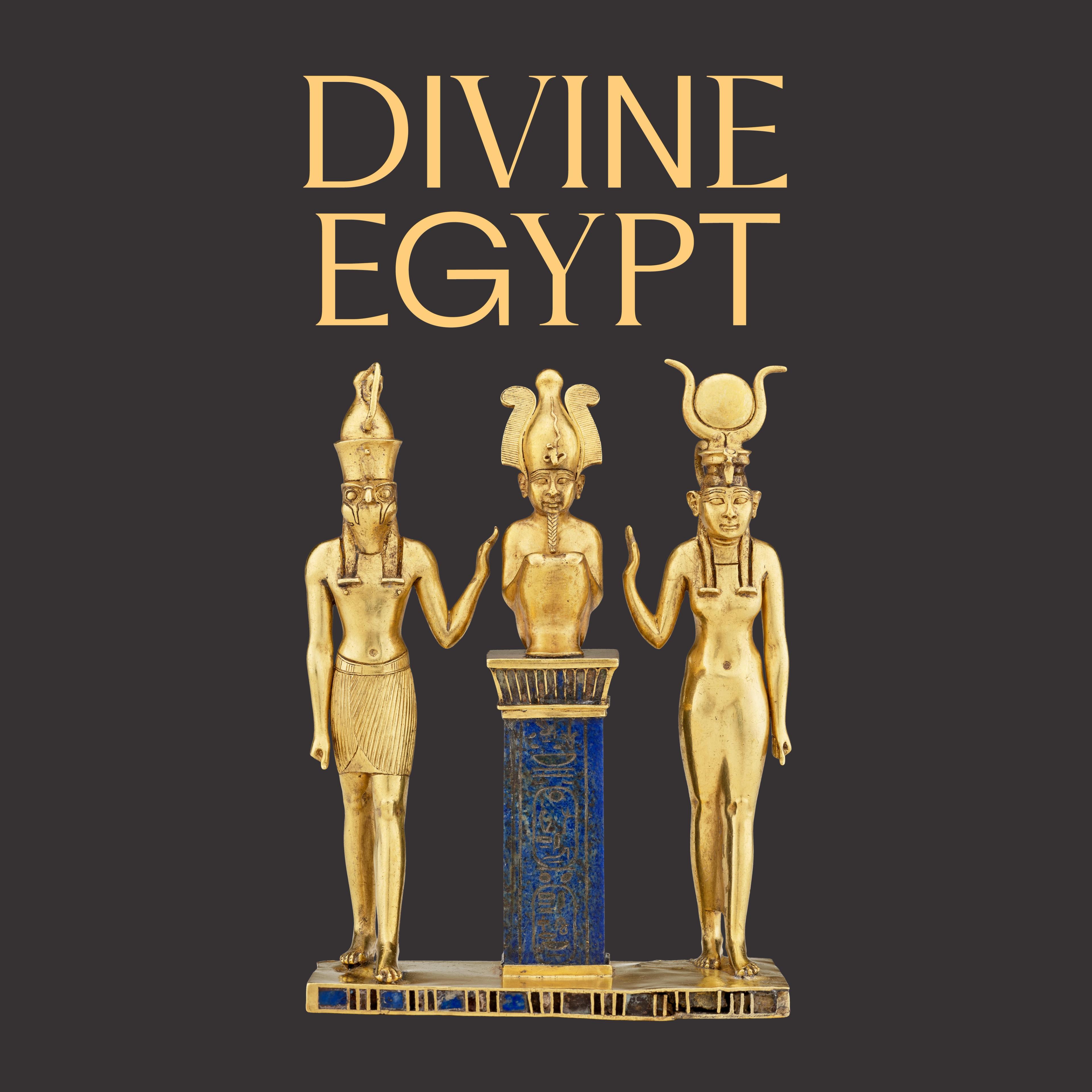 Golden Egyptian statues stand on a blue and gold base, with tall headdresses. Above them, the text "Divine Egypt" in bold, golden letters.