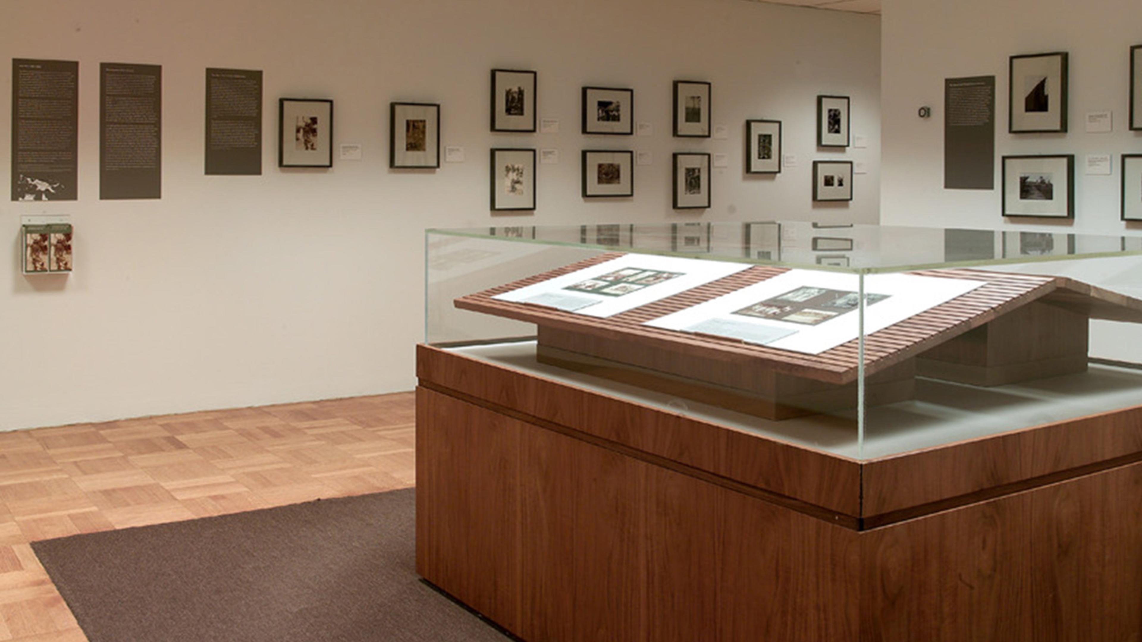 Gallery view with a glass and wood display case in the foreground.