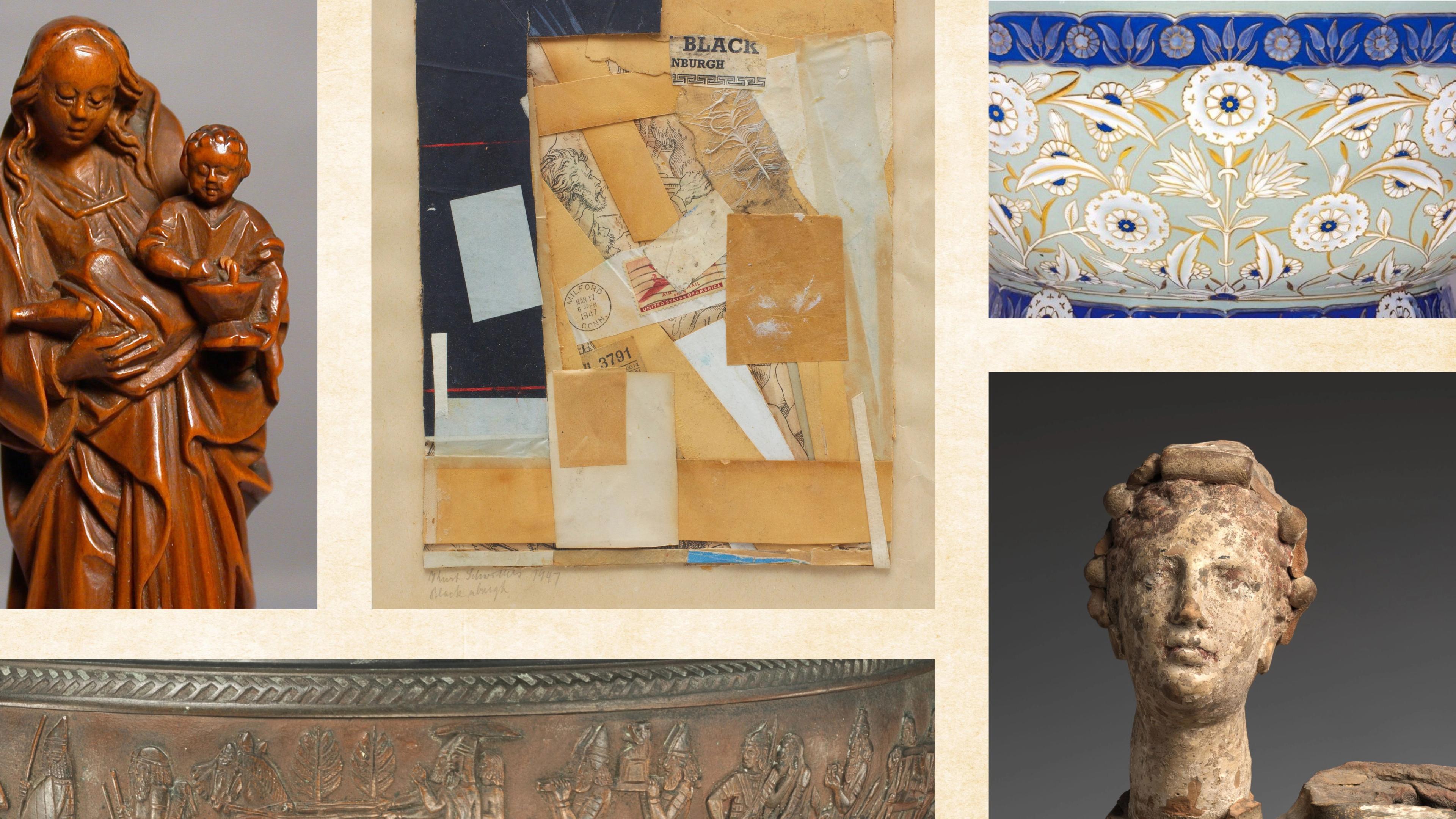 A collage of five artworks against a light parchment background.
