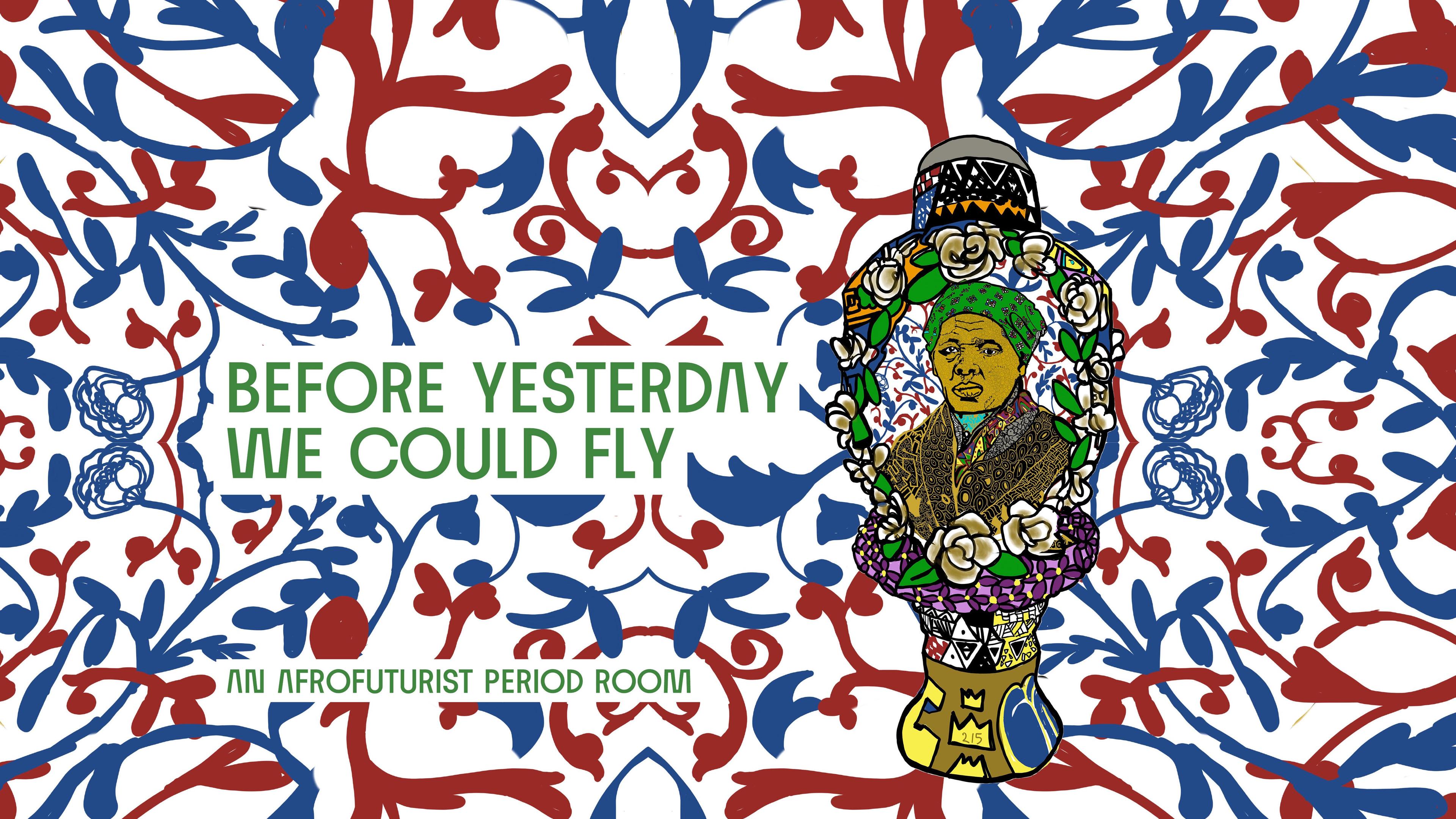 red and blue foliage background colorful portrait of a black woman wearing a green bandana