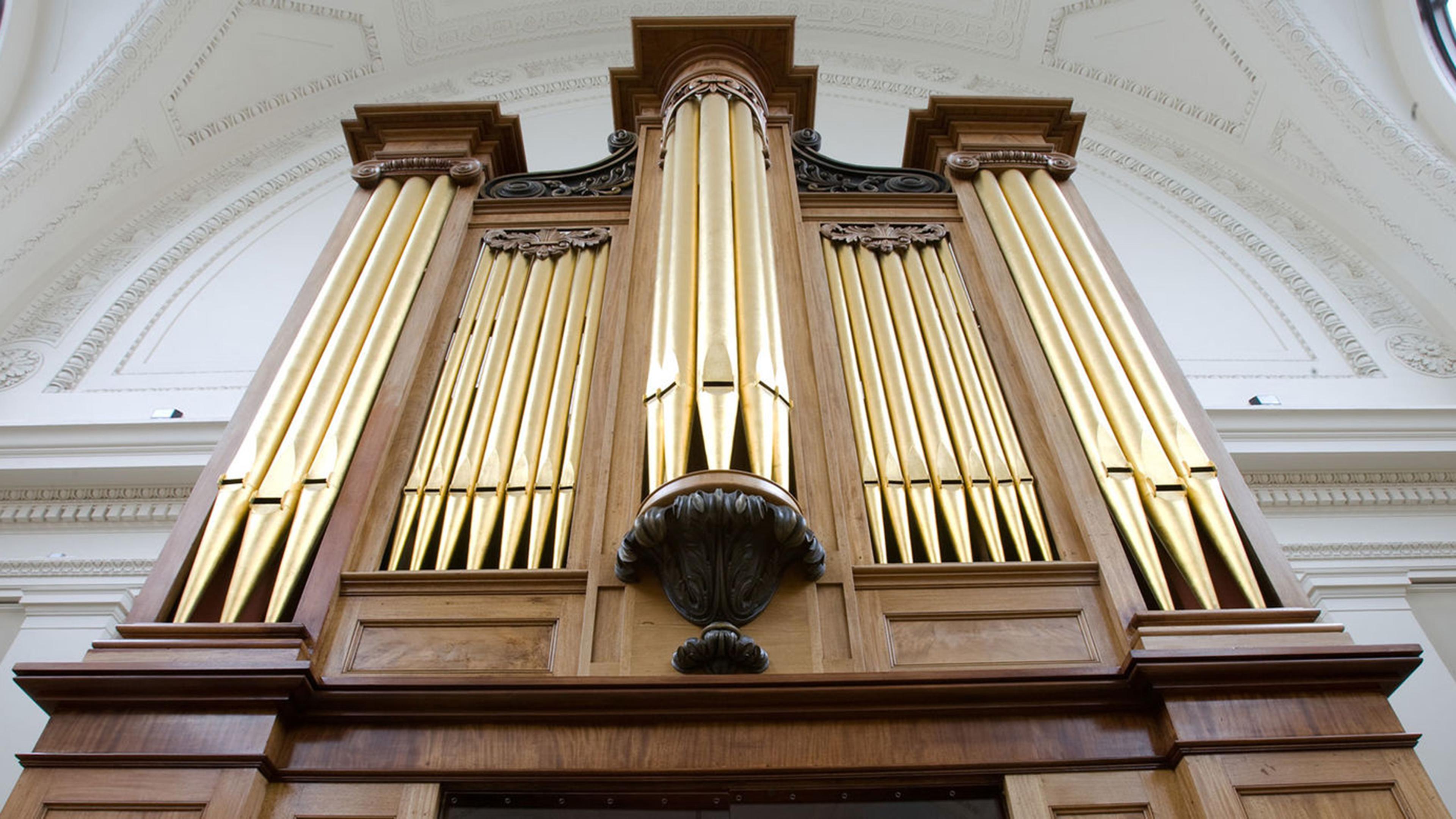 A majestic wooden pipe organ with gold pipes, viewed from below, set against an elegant, intricately designed ceiling.