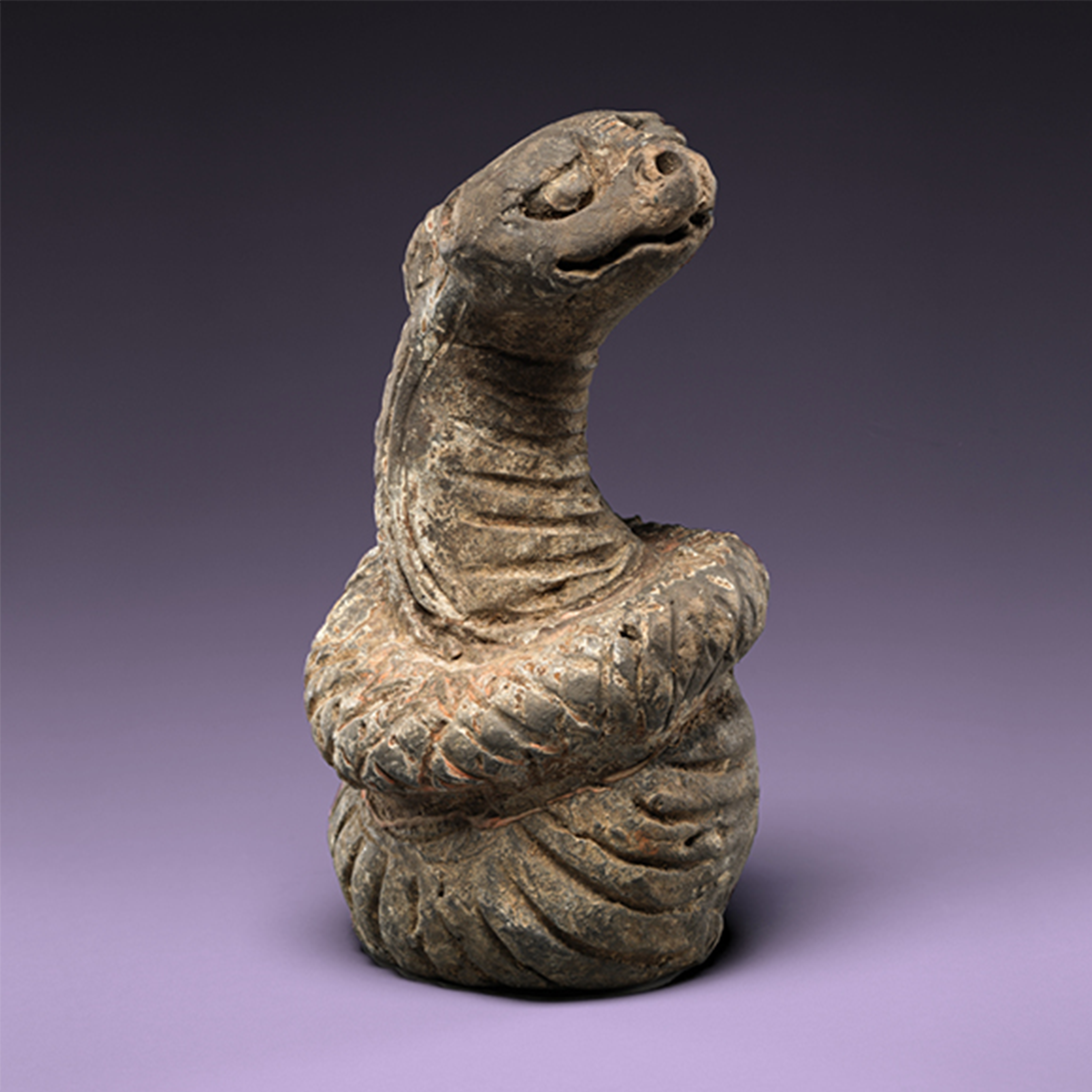 Weathered sculpture of a serpent-like creature with a ridged neck and expressive face, set against a dark gradient background.